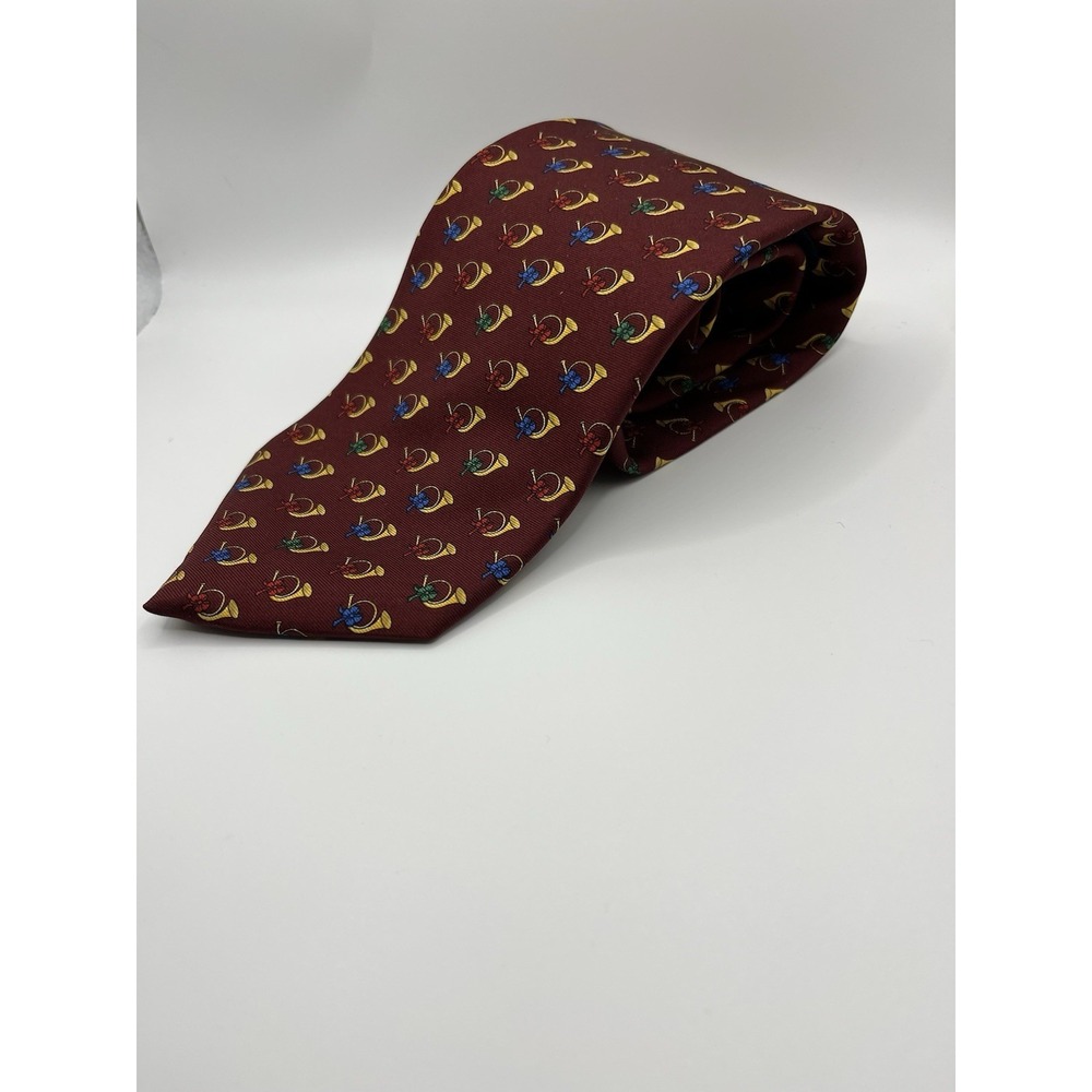 Brooks Brothers Makers Silk Tie Burgundy Horns All Over Print USA Made